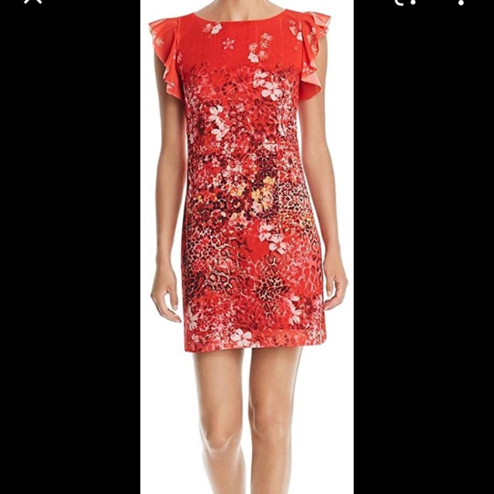 T Tahari tindra printed dress‎ parrot red, NWT